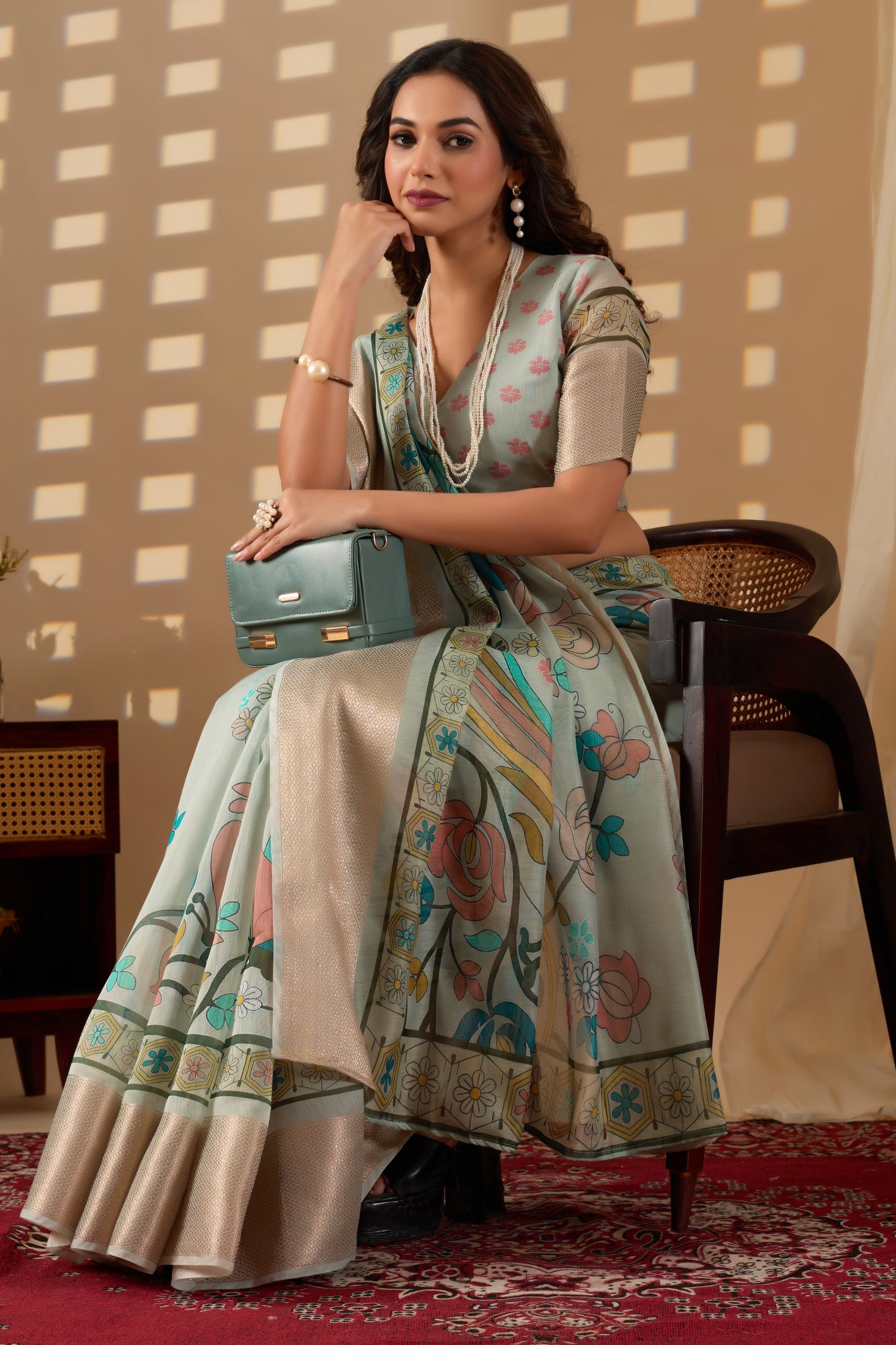 Chanderi Silk golden border digital print peacock design