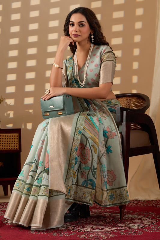 Chanderi Silk golden border digital print peacock design