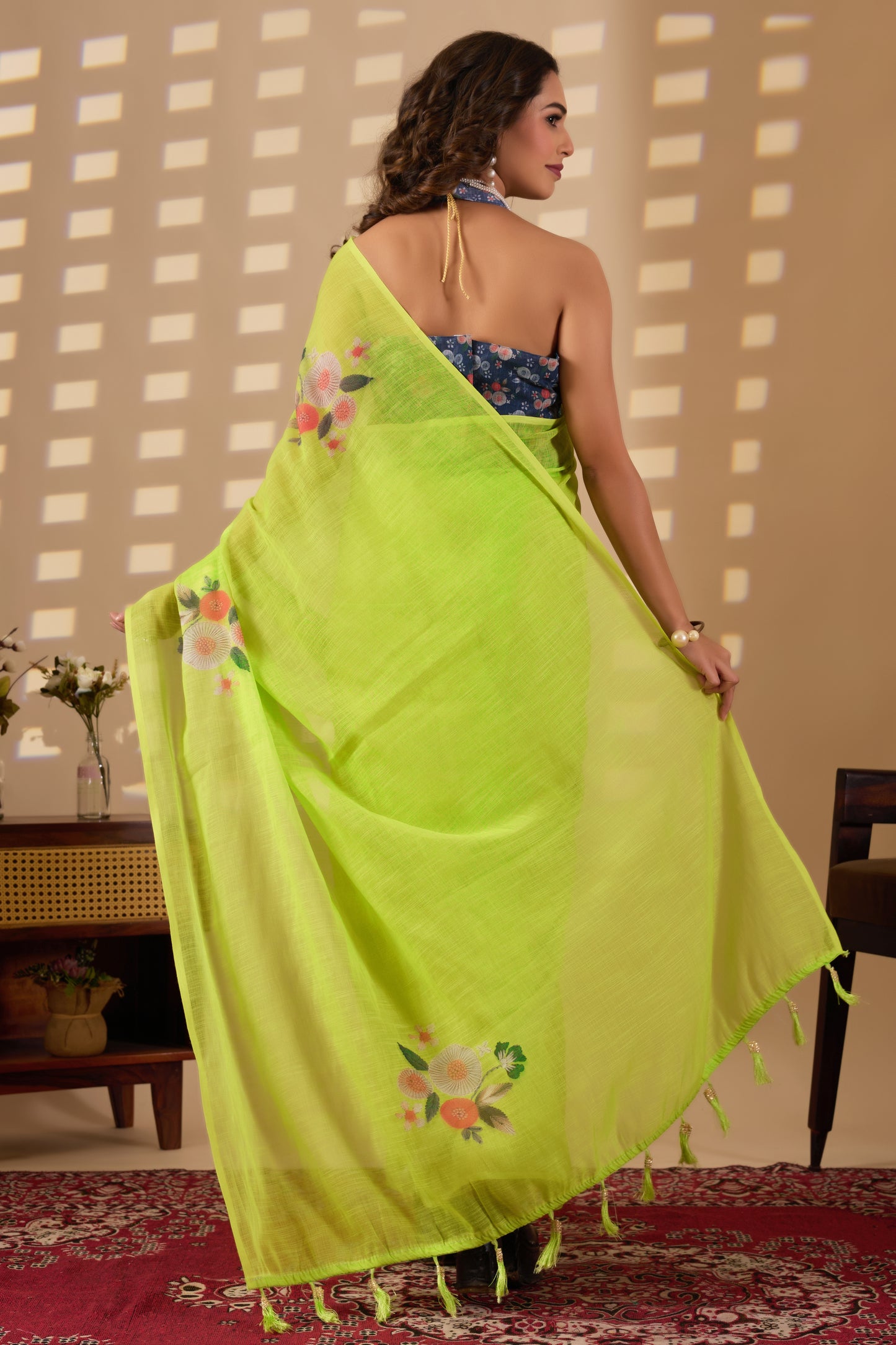 Parrot green cotton linen digital print Green Colour saree with heavy tassels