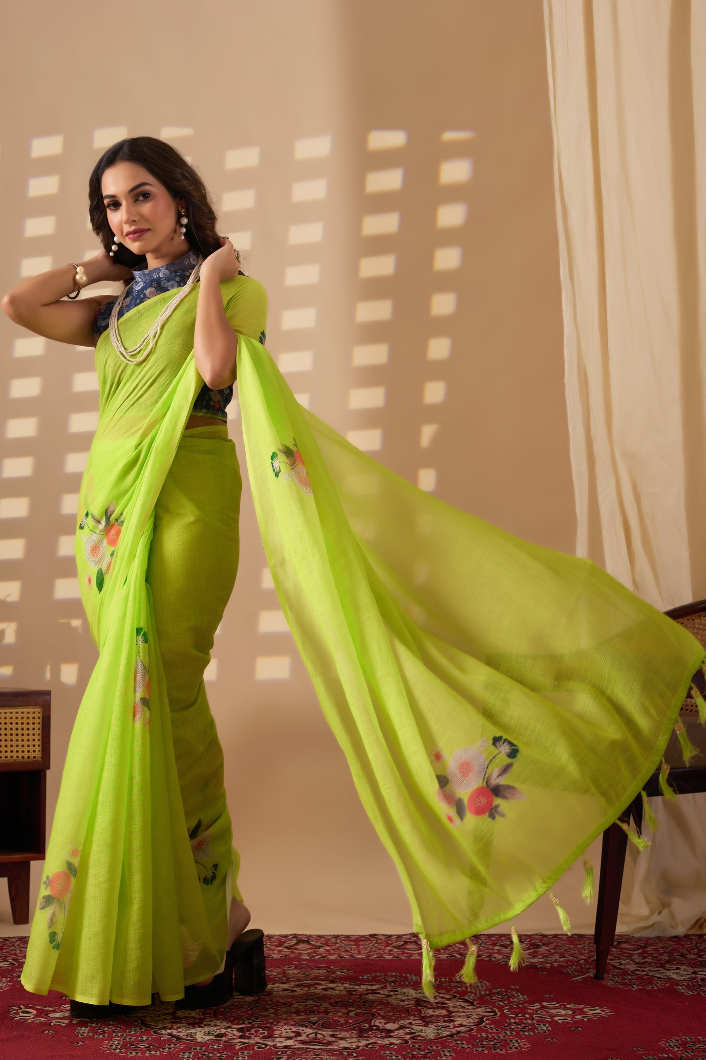 Parrot green cotton linen digital print Green Colour saree with heavy tassels