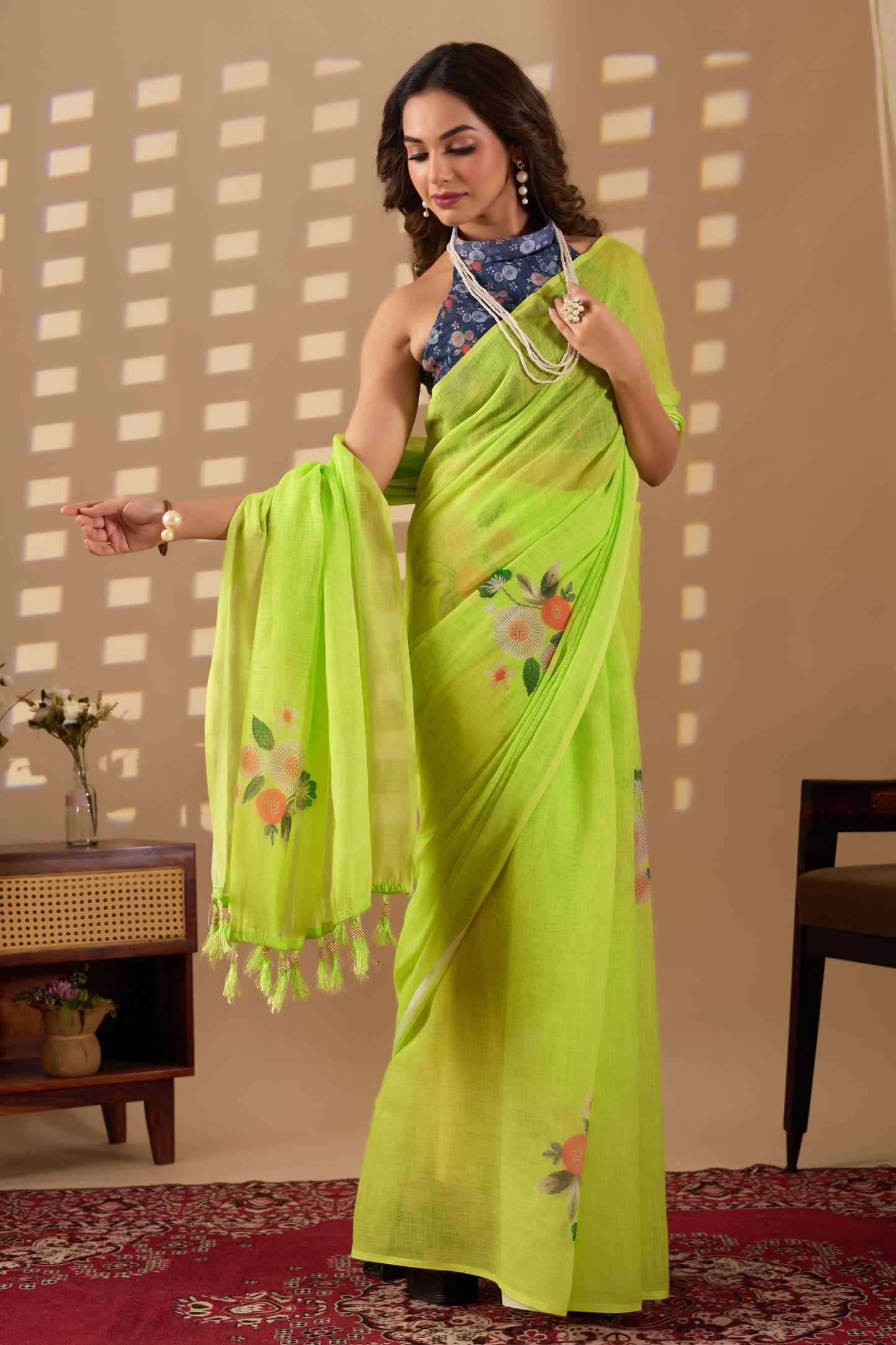 Parrot green cotton linen digital print Green Colour saree with heavy tassels