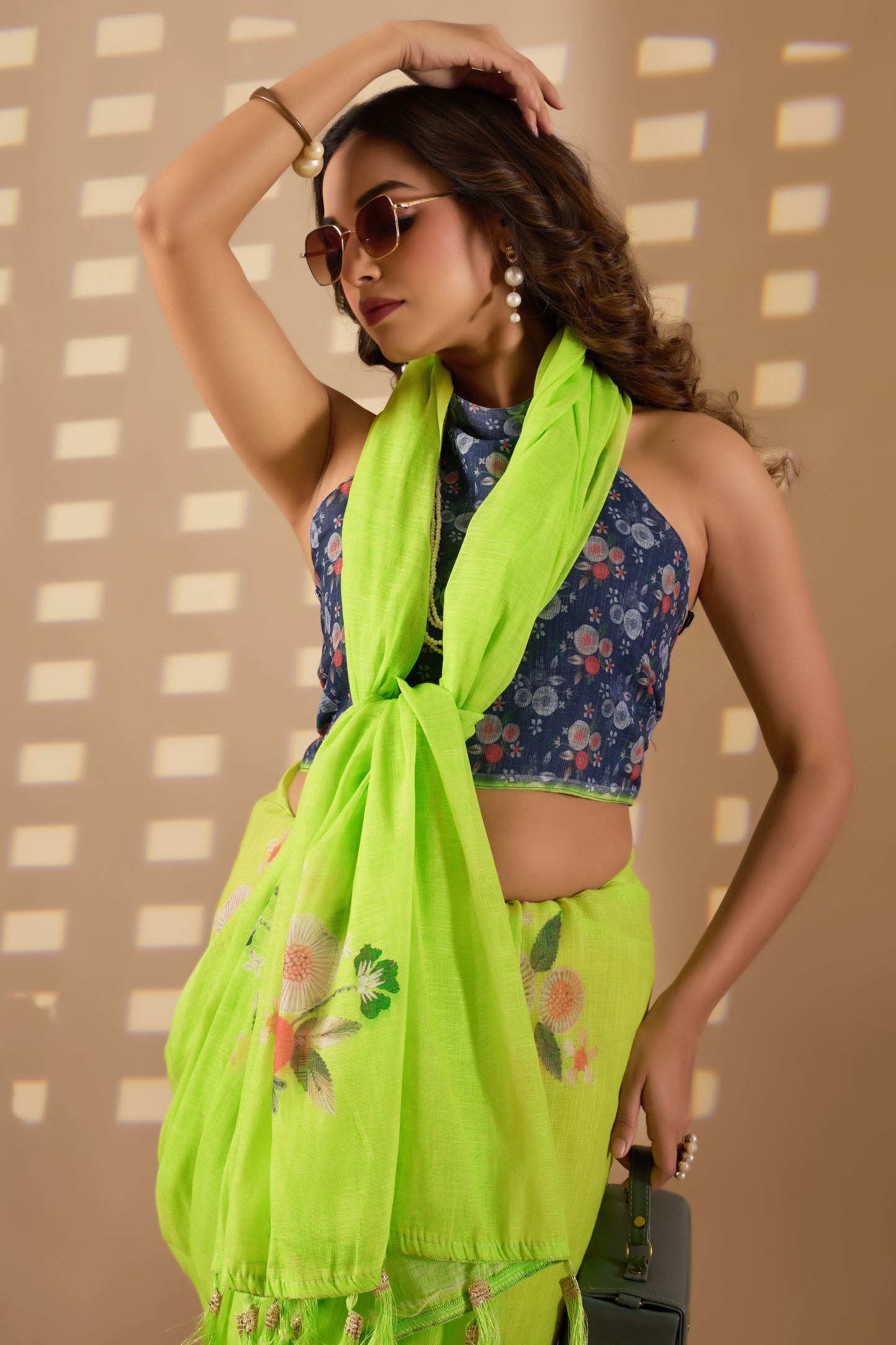 Parrot green cotton linen digital print Green Colour saree with heavy tassels