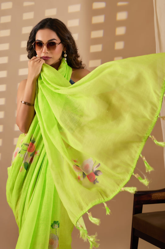 Parrot green cotton linen digital print Green Colour saree with heavy tassels