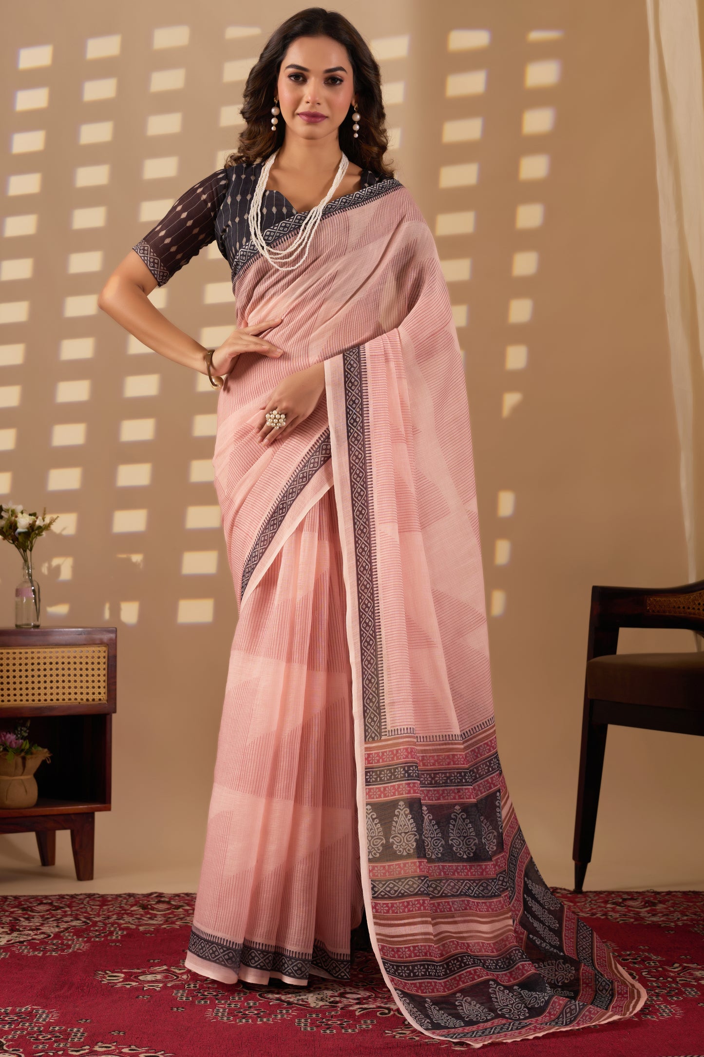 Geometric cotton linen digital print White & Red with Black Border saree