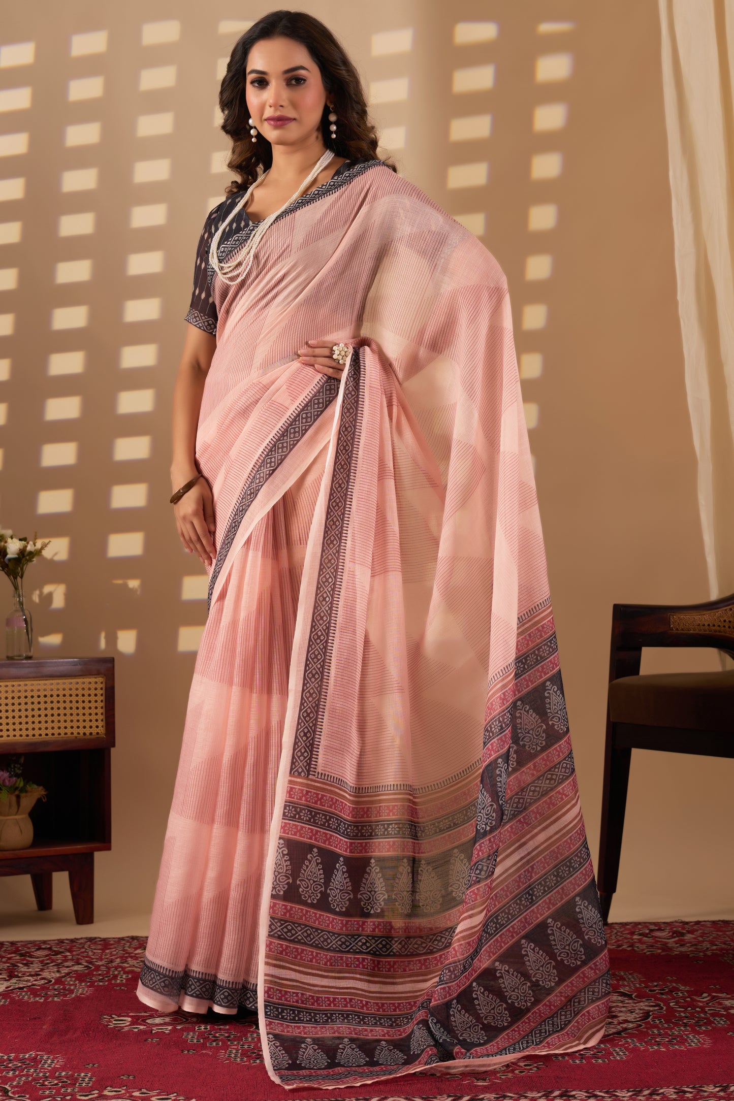 Geometric cotton linen digital print White & Red with Black Border saree