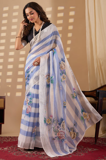 Stripes cotton linen digital print Light Blue with White saree with silver border.