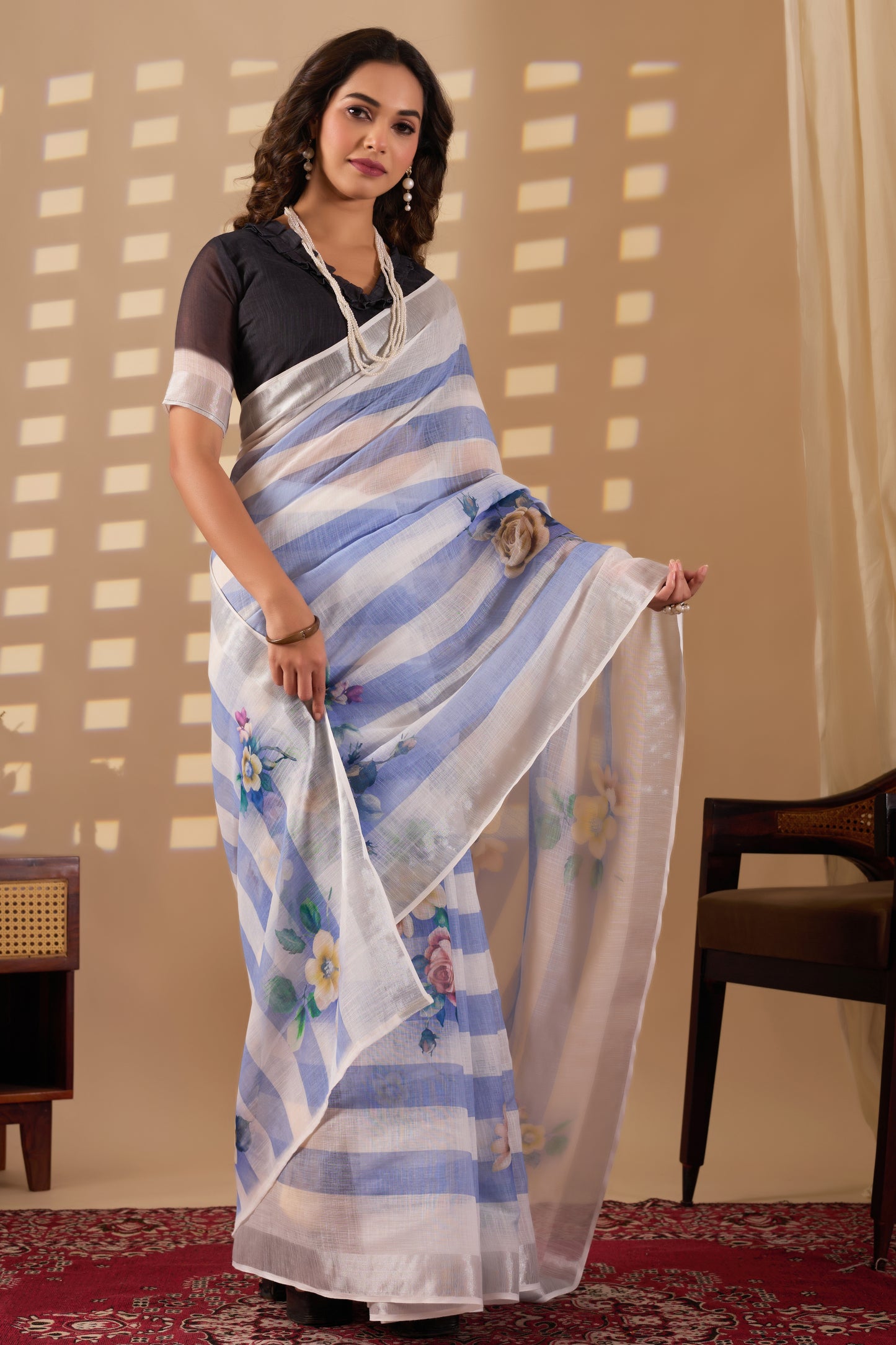 Stripes cotton linen digital print Light Blue with White saree with silver border.