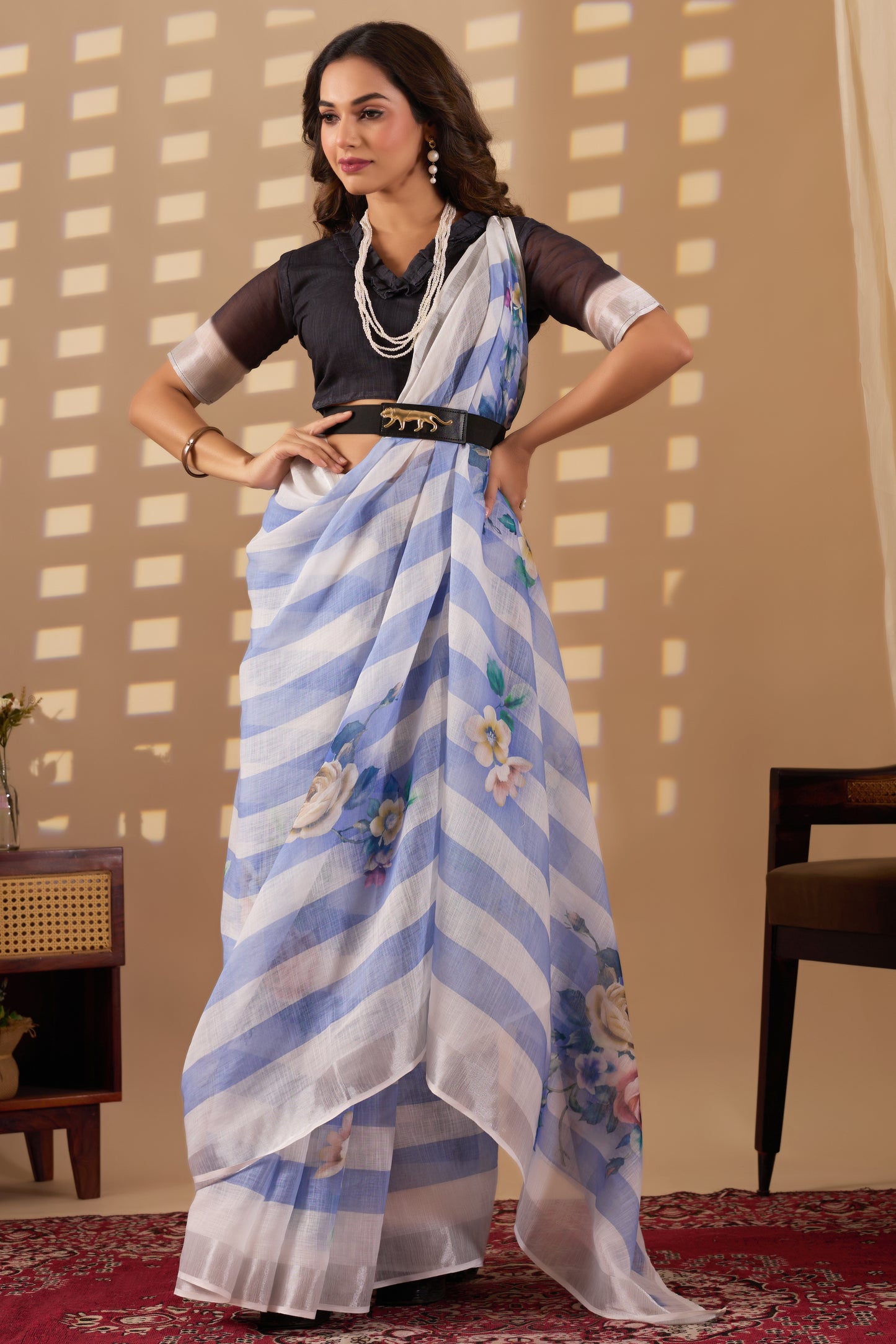 Stripes cotton linen digital print Light Blue with White saree with silver border.