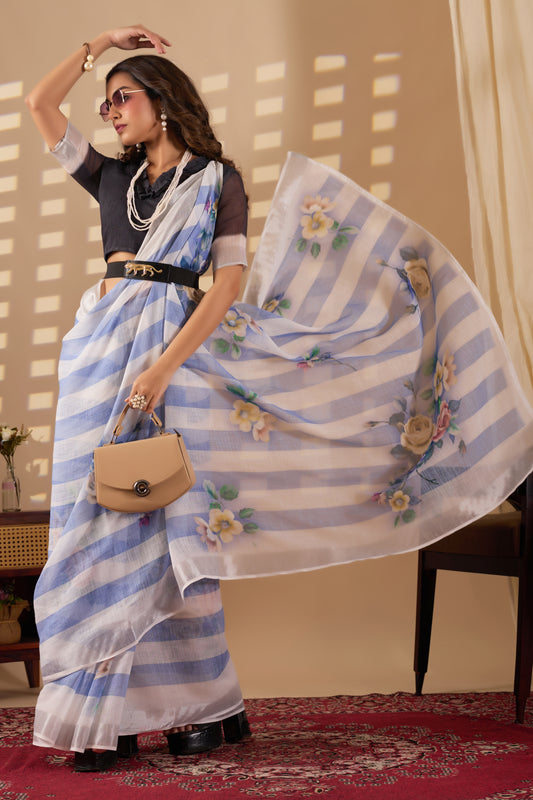 Stripes cotton linen digital print Light Blue with White saree with silver border.
