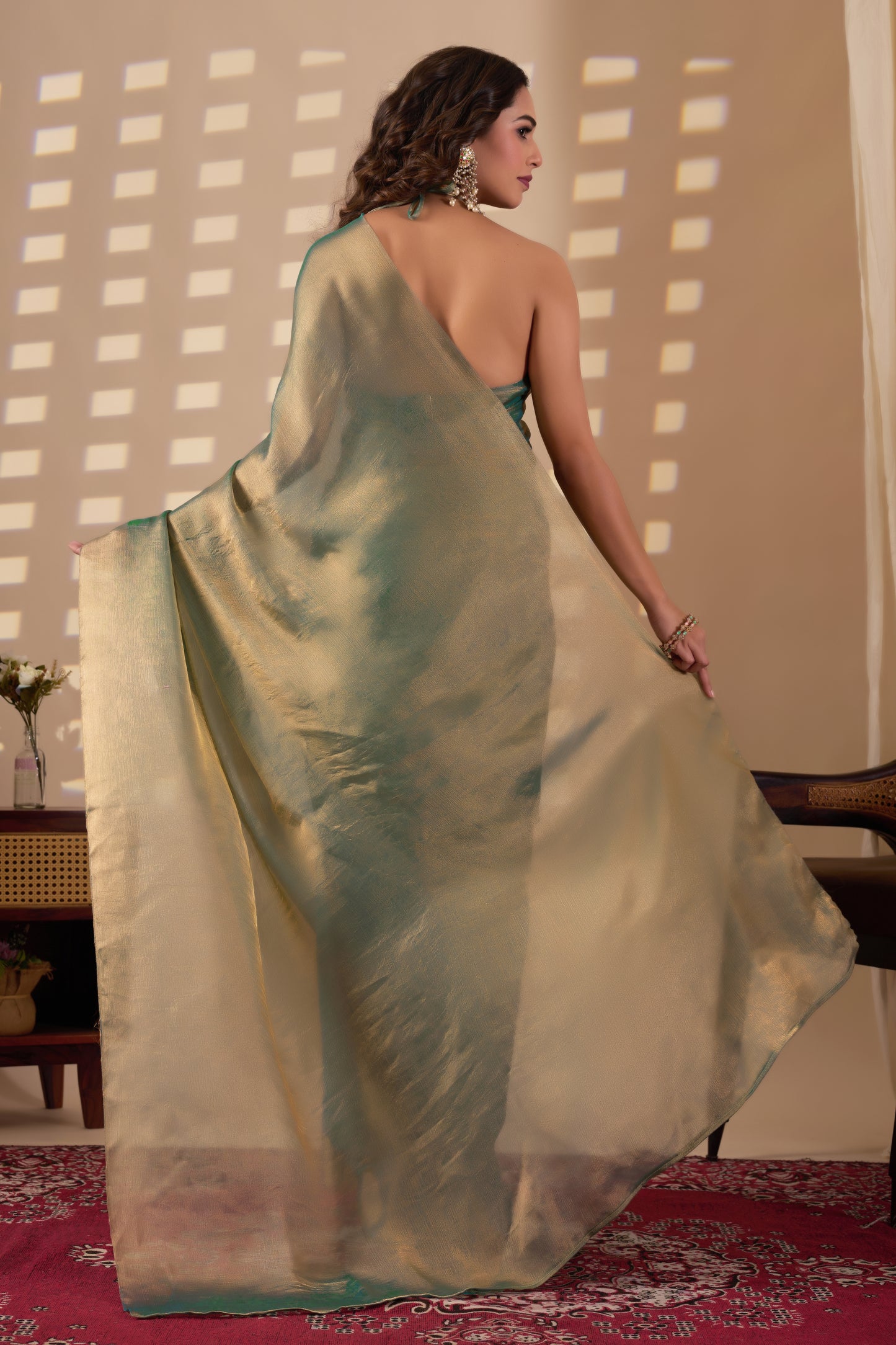 Designer Fendi green gold saree