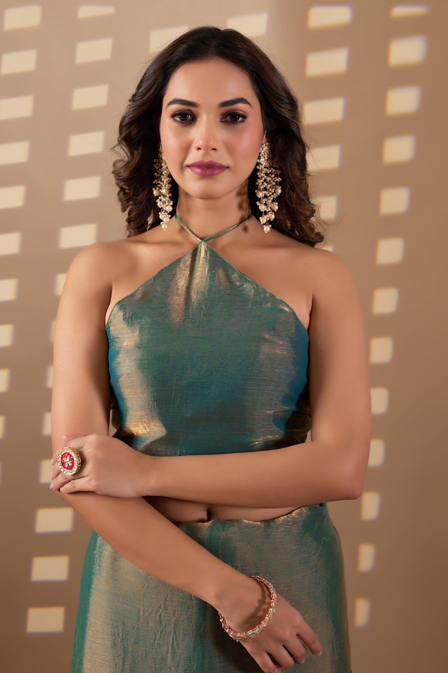 Designer Fendi green gold saree