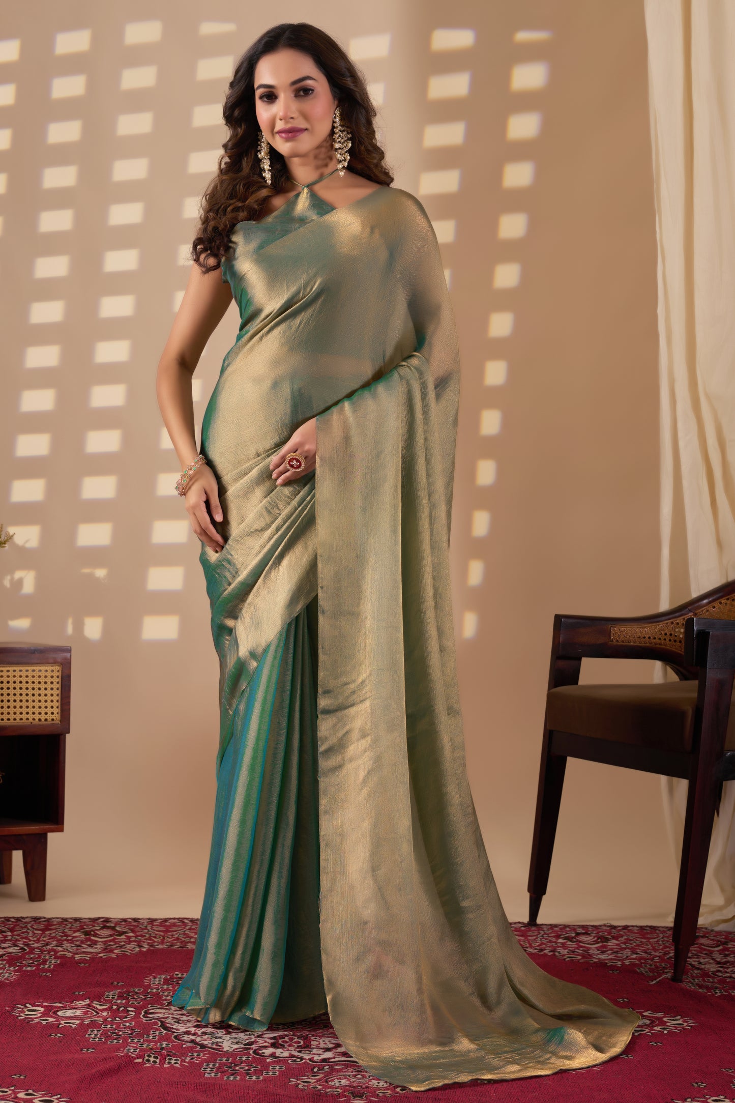 Designer Fendi green gold saree
