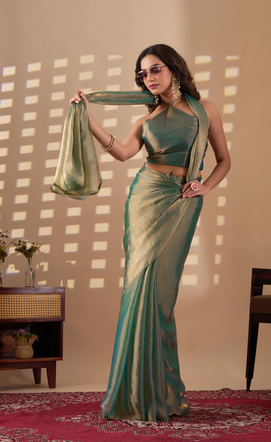 Designer Fendi green gold saree