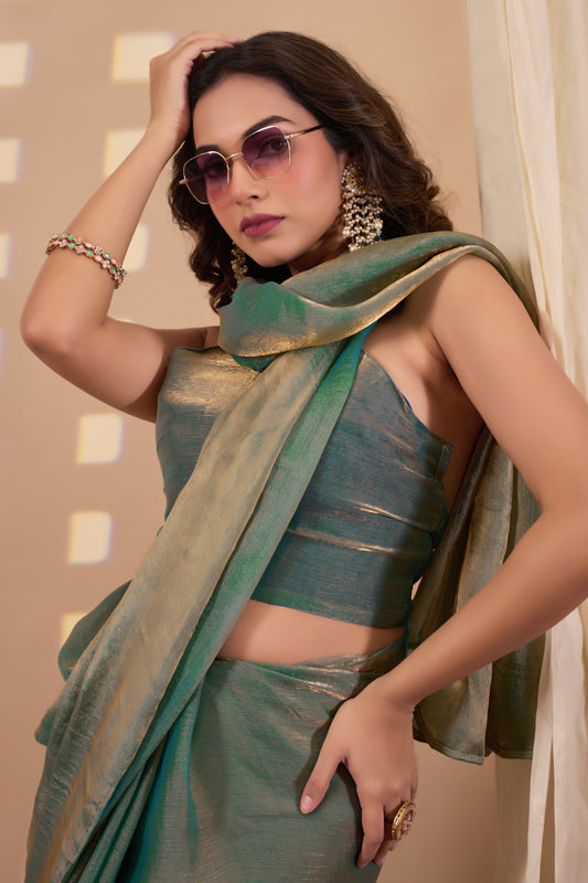 Designer Fendi green gold saree
