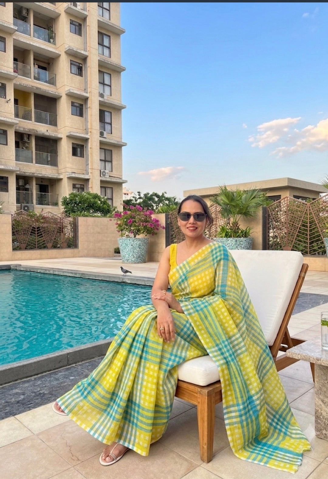 Lemon Colada - Cotton Linen Checkered Saree