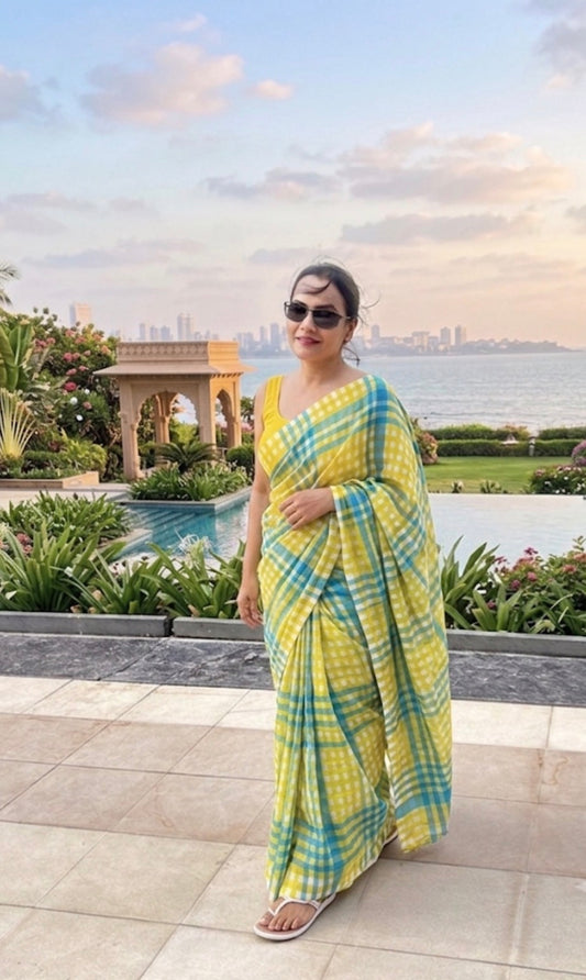 Lemon Colada - Cotton Linen Checkered Saree