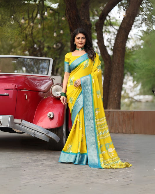 Kesari peacock printed regular wear yellow saree