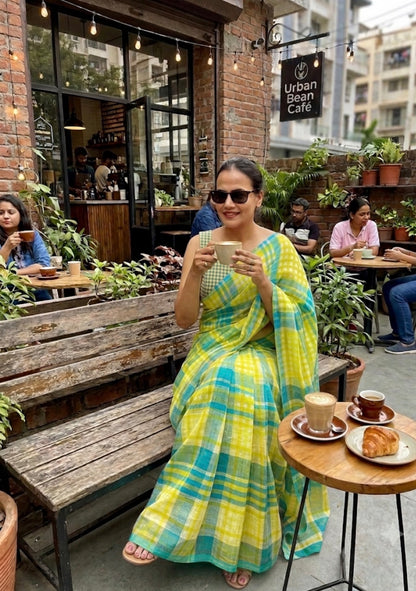 Lemon Colada - Cotton Linen Checkered Saree