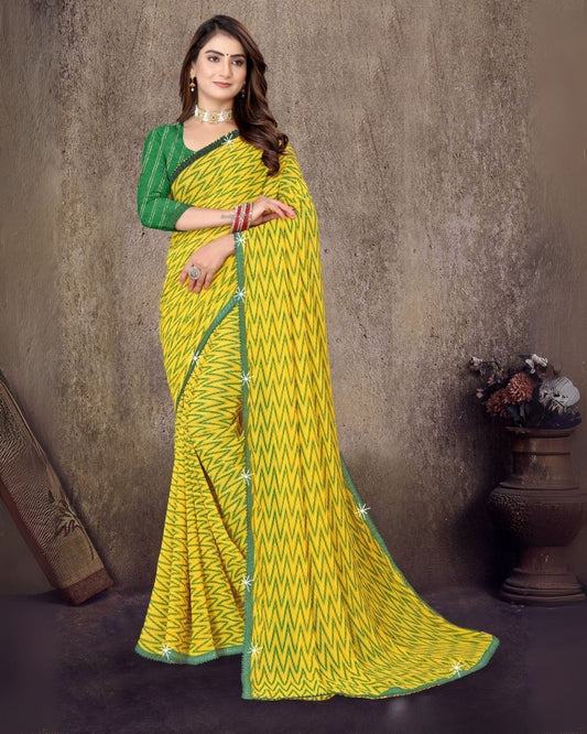 Kesari zig-zag printed regular wear yellow sare