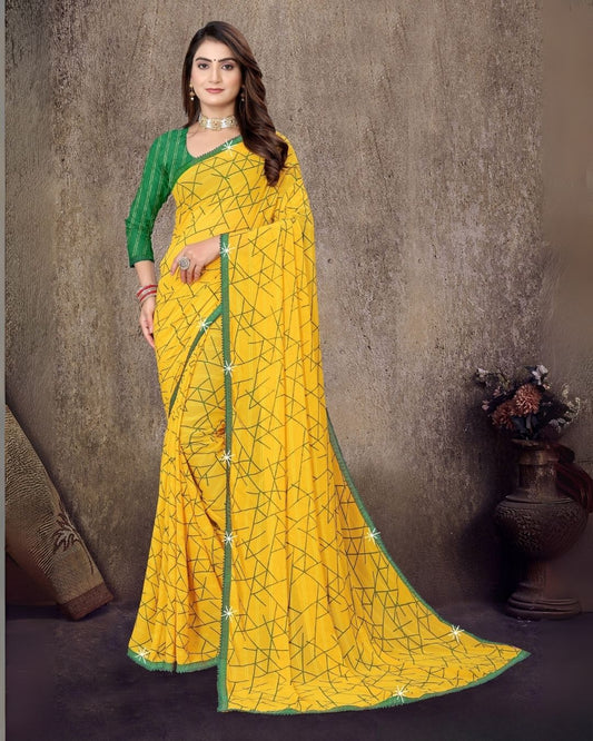 Kesari patterned printed regular wear yellow saree