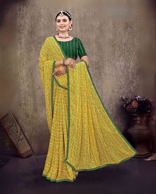 Kesari printed regular wear saree - Yellow with green border