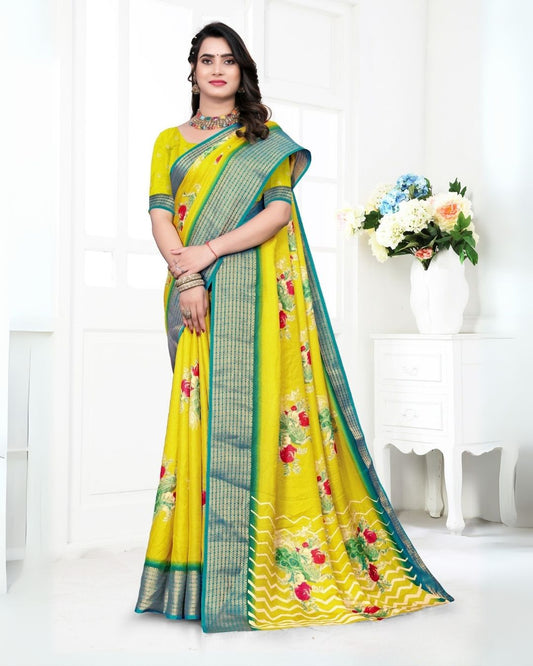 Kesari flower printed regular wear yellow saree