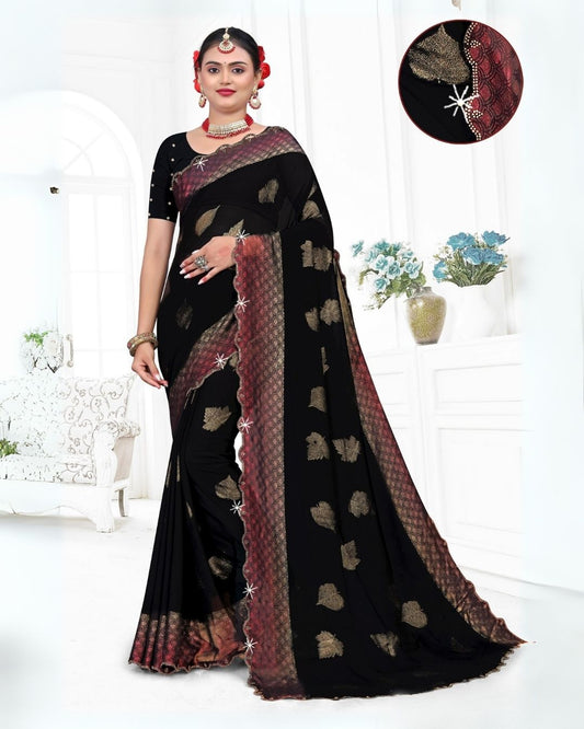 Leaf printed regular wear black saree