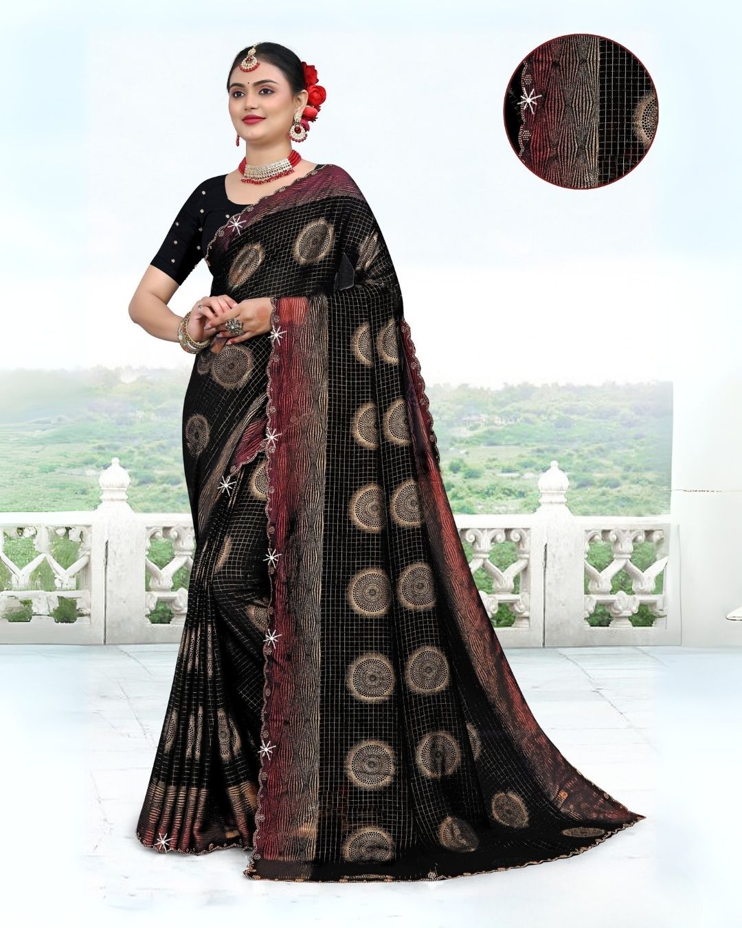 Artwork printed regular wear black saree