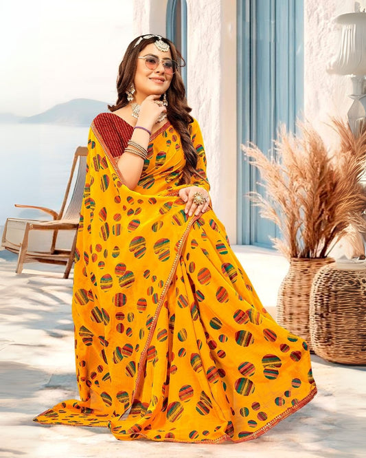 Mornii Yellow Colorful bubble Saree