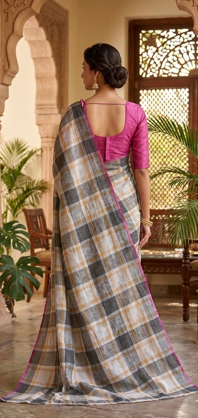 CHECKMATE – Cotton Linen Digital Print Saree