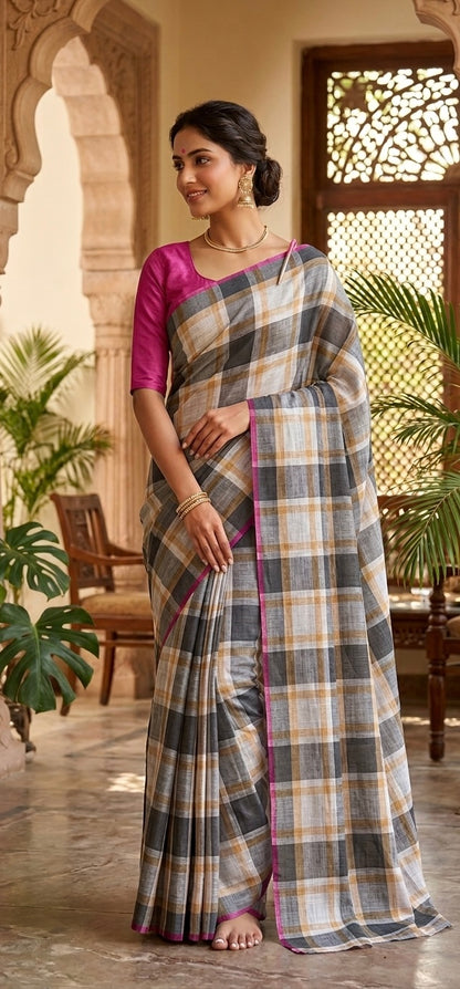 CHECKMATE – Cotton Linen Digital Print Saree