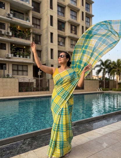 Lemon Colada - Cotton Linen Checkered Saree