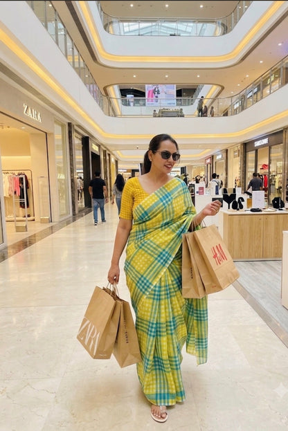 Lemon Colada - Cotton Linen Checkered Saree