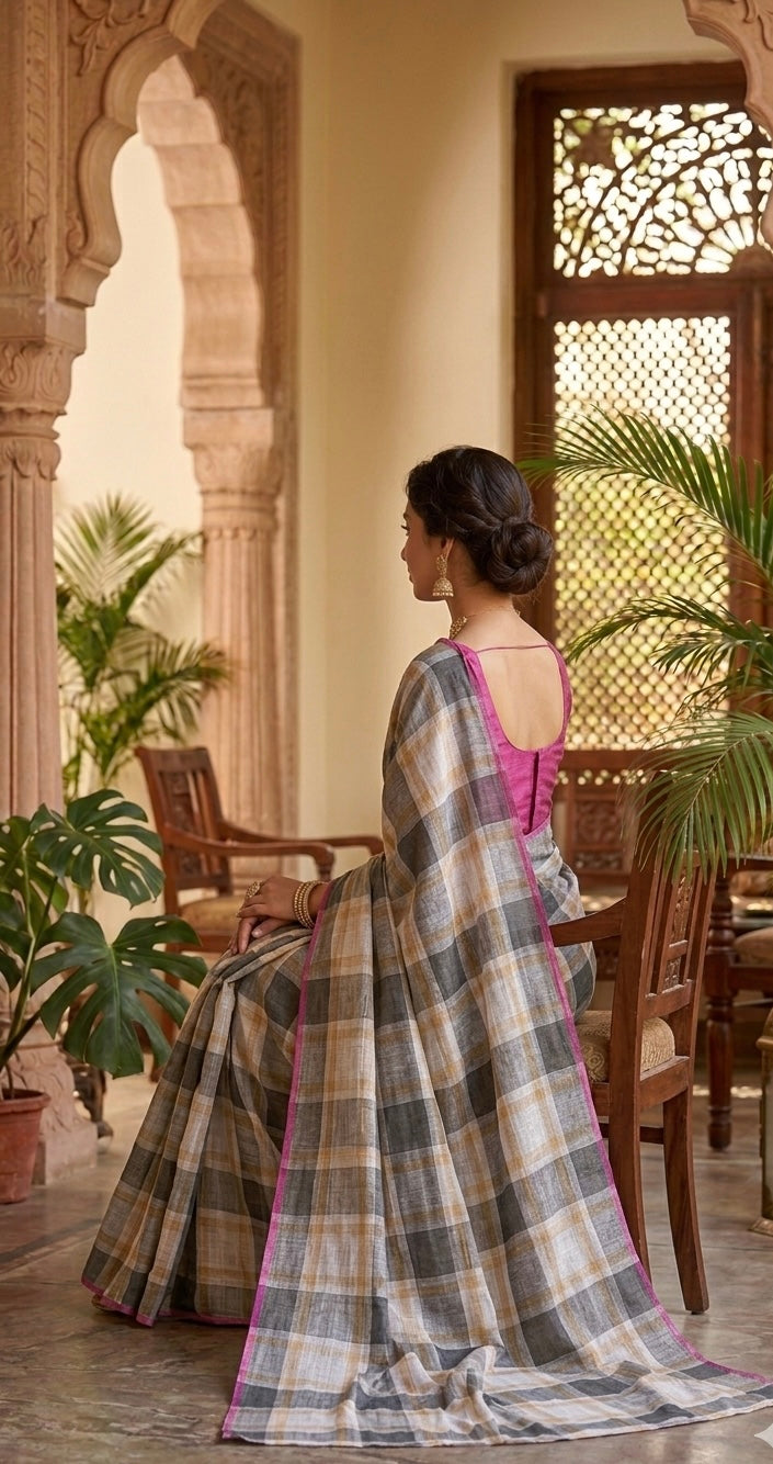 CHECKMATE – Cotton Linen Digital Print Saree