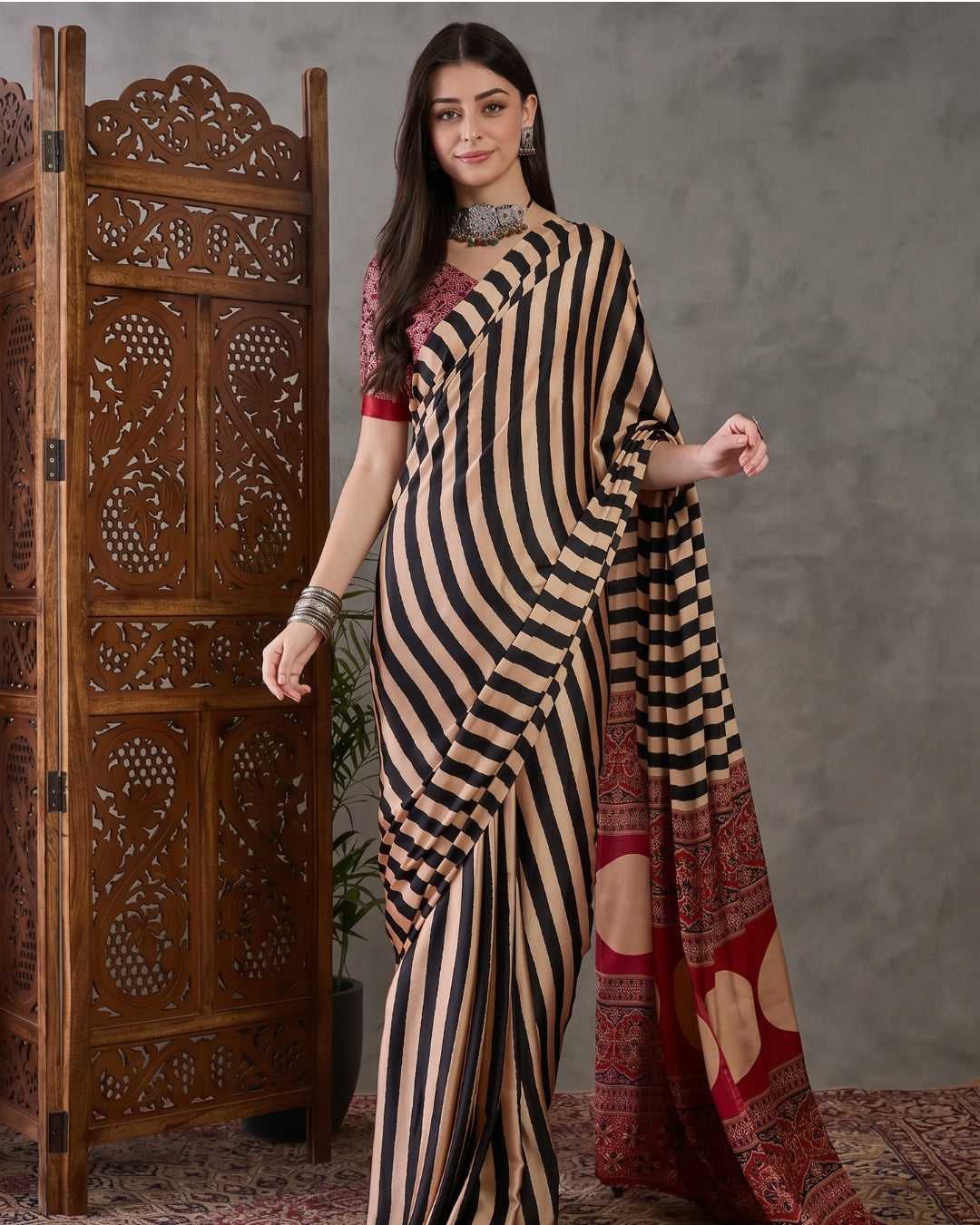 Ajarkh Modal Silk Stripe Saree