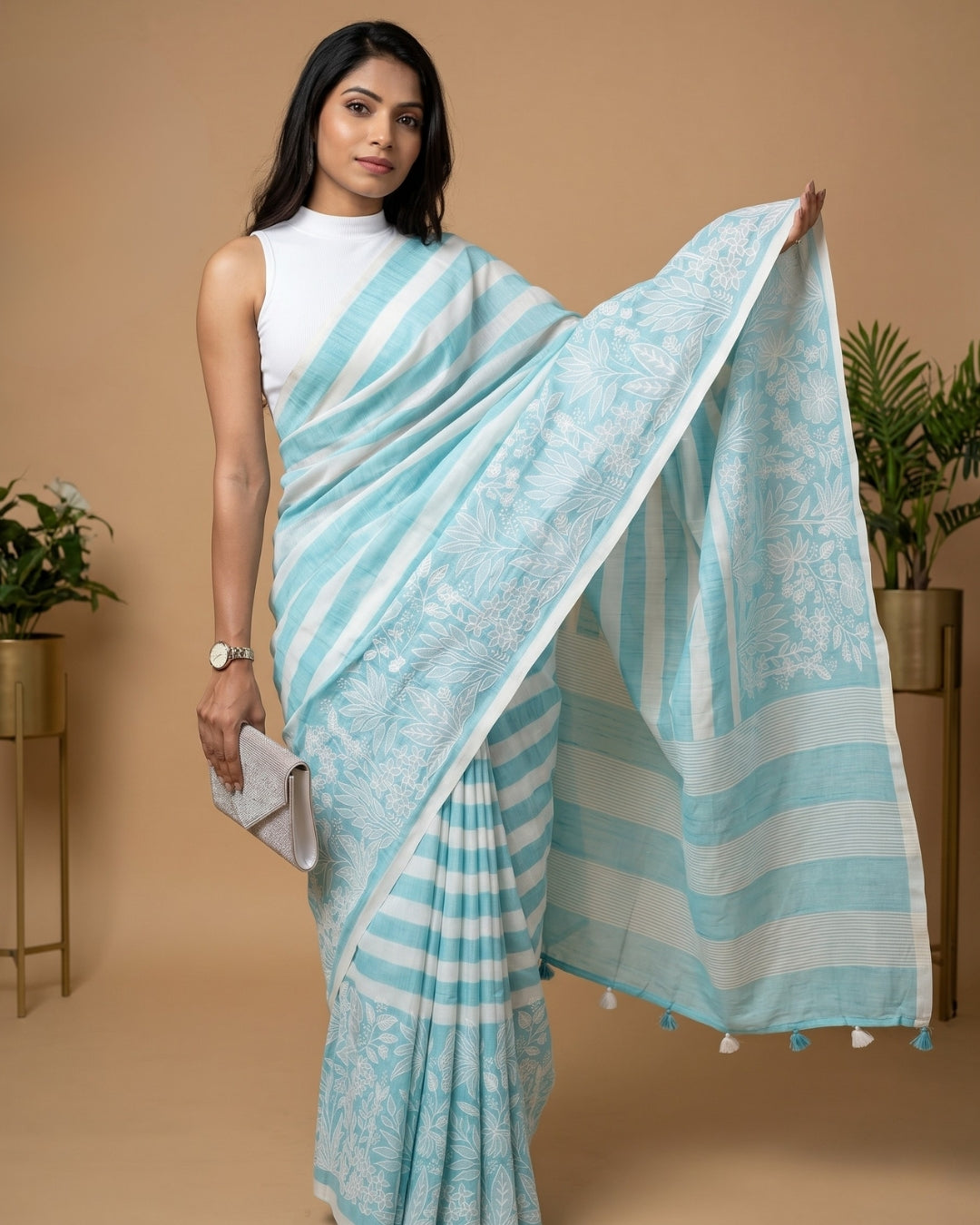 Aqua Breeze Cotton Linen Digital Print Saree