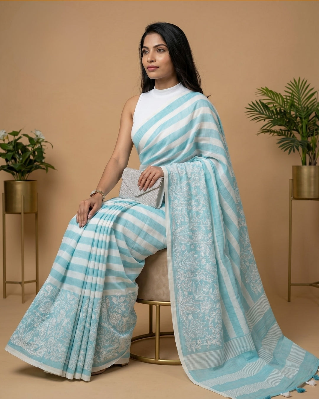 Aqua Breeze Cotton Linen Digital Print Saree