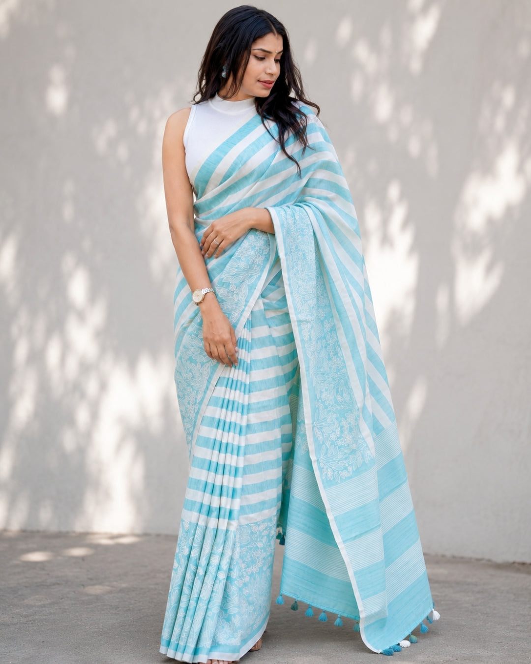 Aqua Breeze Cotton Linen Digital Print Saree