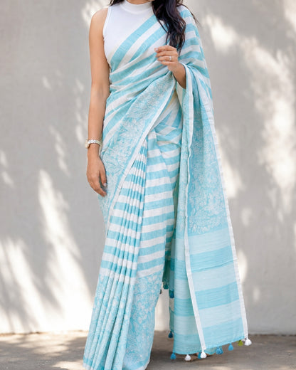 Aqua Breeze Cotton Linen Digital Print Saree