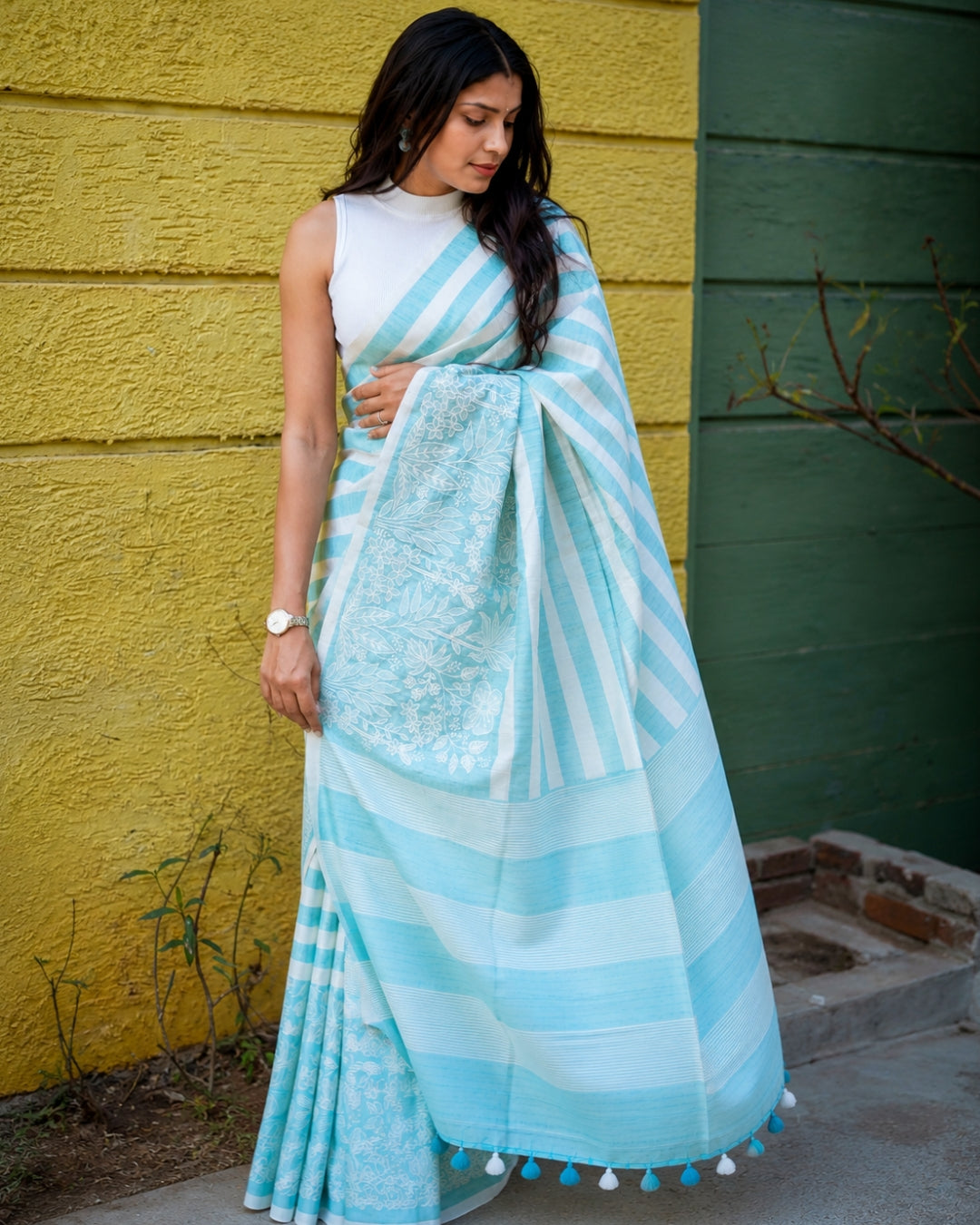 Aqua Breeze Cotton Linen Digital Print Saree
