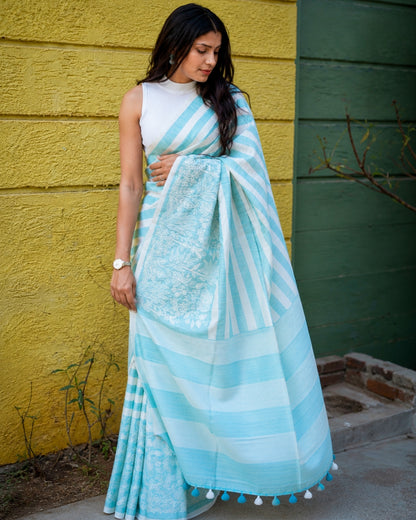 Aqua Breeze Cotton Linen Digital Print Saree