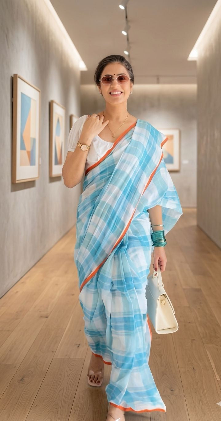 Azure Breeze Powder Blue Cotton Linen Checks Saree