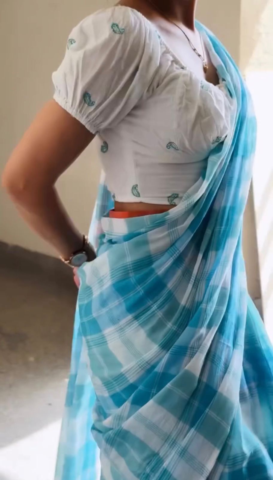 Azure Breeze Powder Blue Cotton Linen Checks Saree