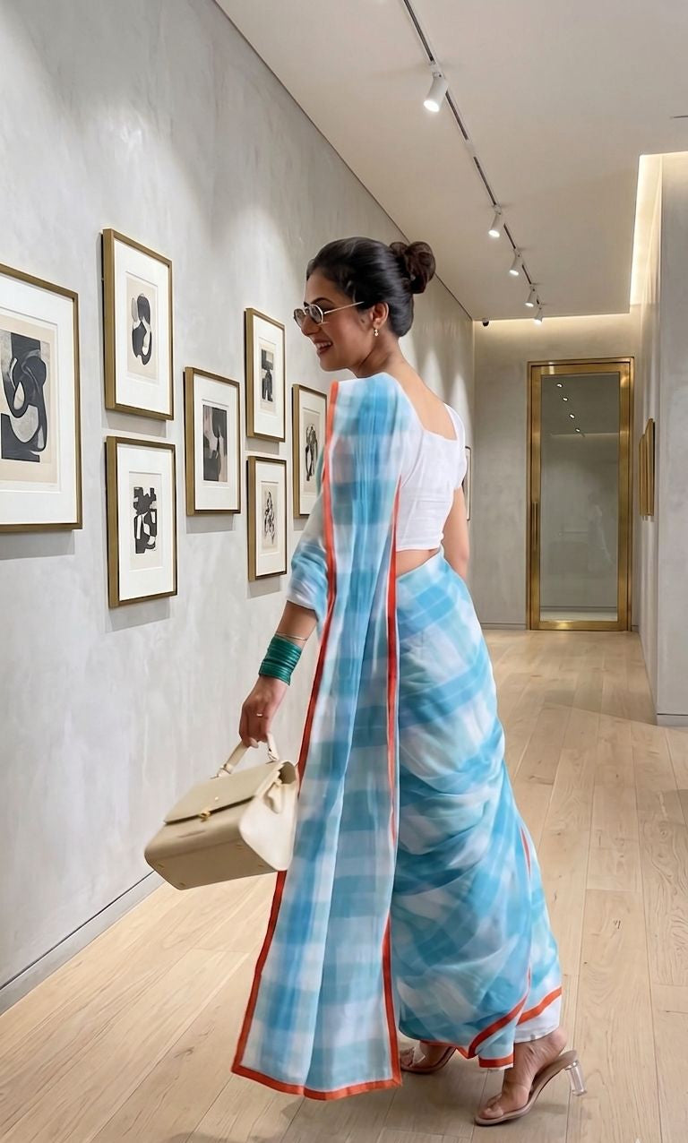Azure Breeze Powder Blue Cotton Linen Checks Saree
