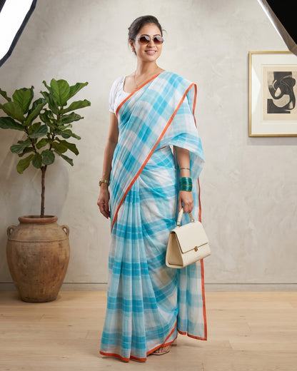 Azure Breeze Powder Blue Cotton Linen Checks Saree
