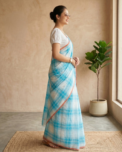 Azure Breeze Powder Blue Cotton Linen Checks Saree