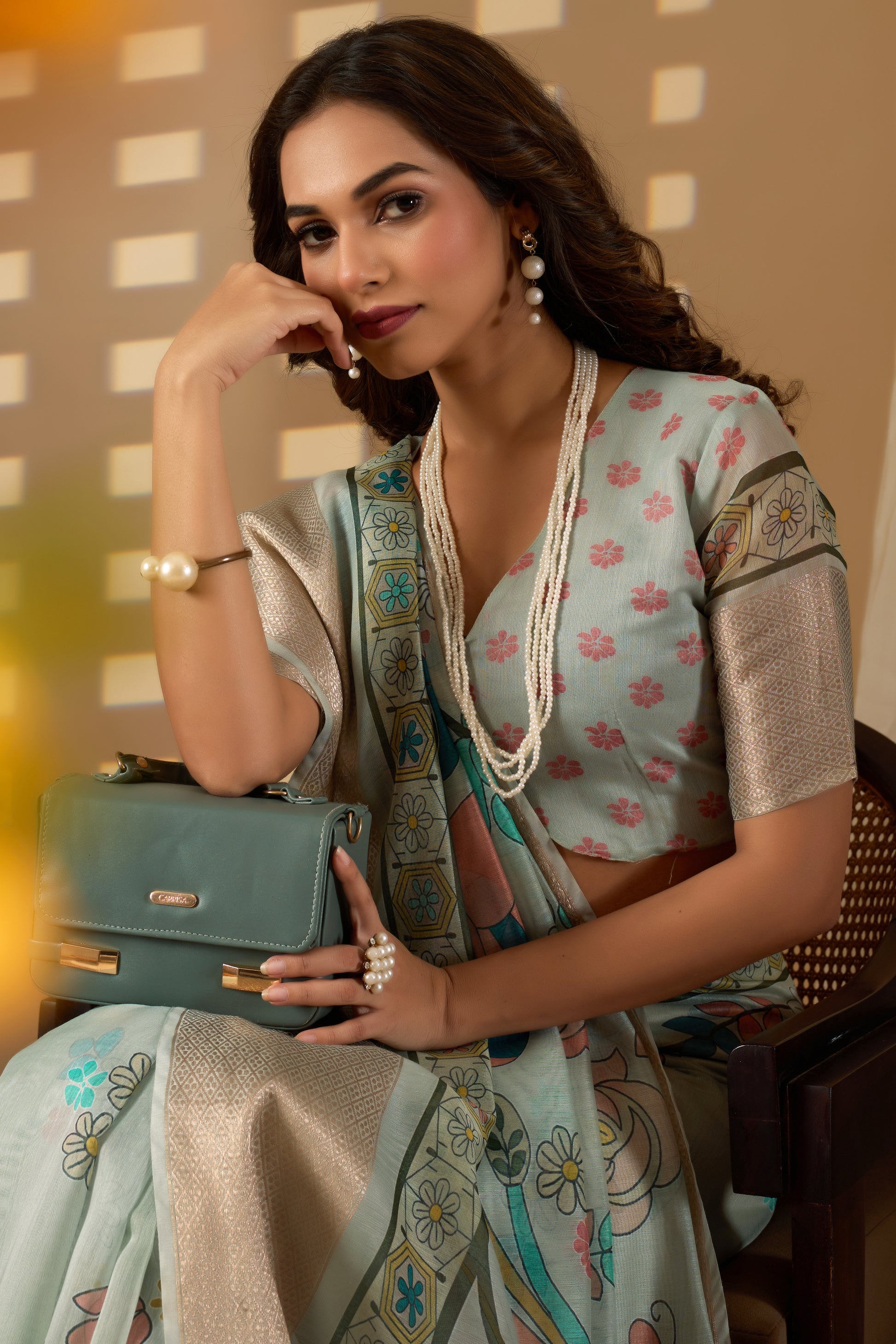 Chanderi Silk golden border digital print peacock design