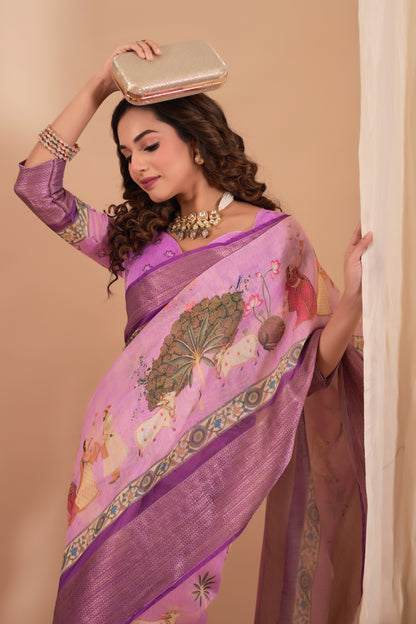 Chanderi silk  golden border digital print pichwai saree