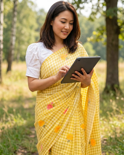 Cotton Linen Checks floral saree