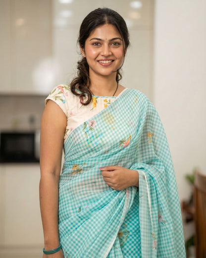 Cotton Linen Checks floral saree
